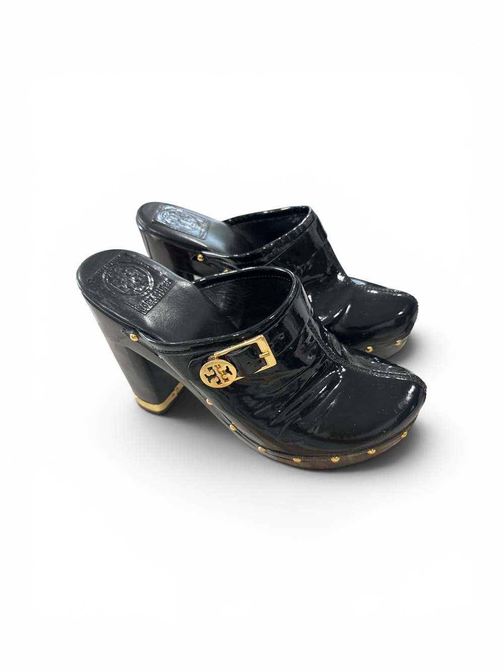 VINTAGE Y2K Tory Burch Black Patent Studded Wedge Mule Clogs Size 9M